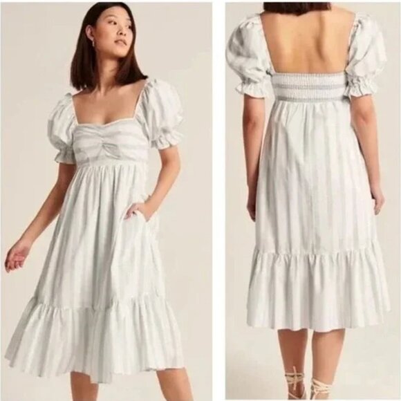 Abercrombie & Fitch Puff Sleeve Midi Dress White Green Stripe Size Small - Picture 1 of 9